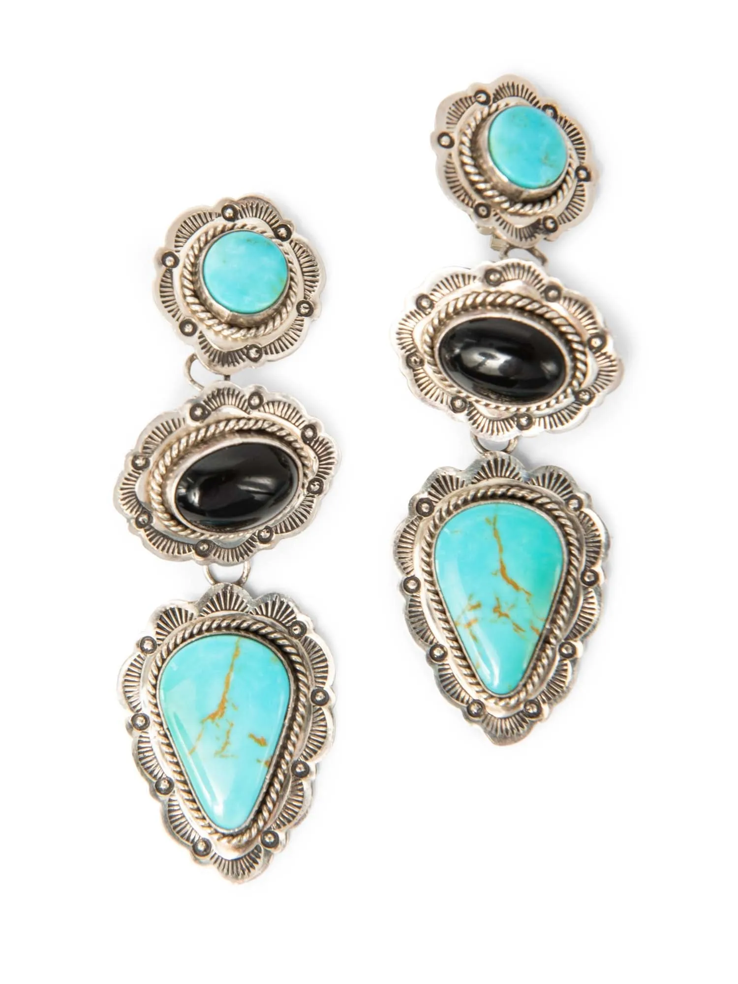 Aaron Toadlena Sterling Silver Turquoise Onyx Clip On Earrings Blue Black