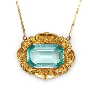 Antique 26-Carat Aquamarine Art Nouveau Pendant Necklace in 14k Yellow Gold