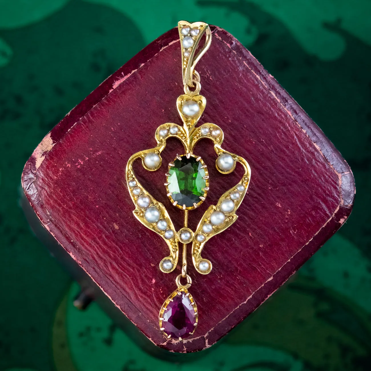 Antique Edwardian Suffragette Pendant Pearl Almandine And Green Garnet