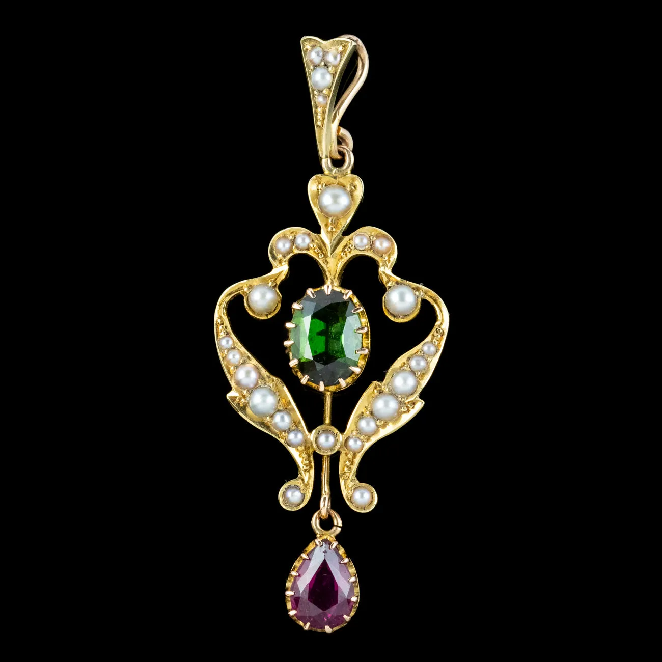 Antique Edwardian Suffragette Pendant Pearl Almandine And Green Garnet