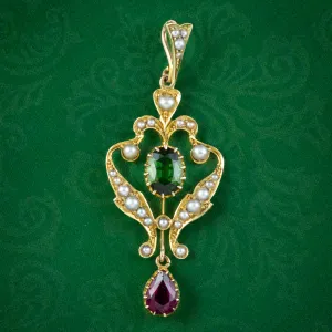 Antique Edwardian Suffragette Pendant Pearl Almandine And Green Garnet