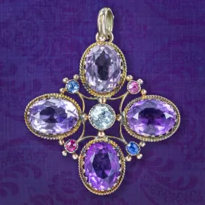 Antique Victorian Amethyst Topaz Aquamarine Pendant 9ct Gold