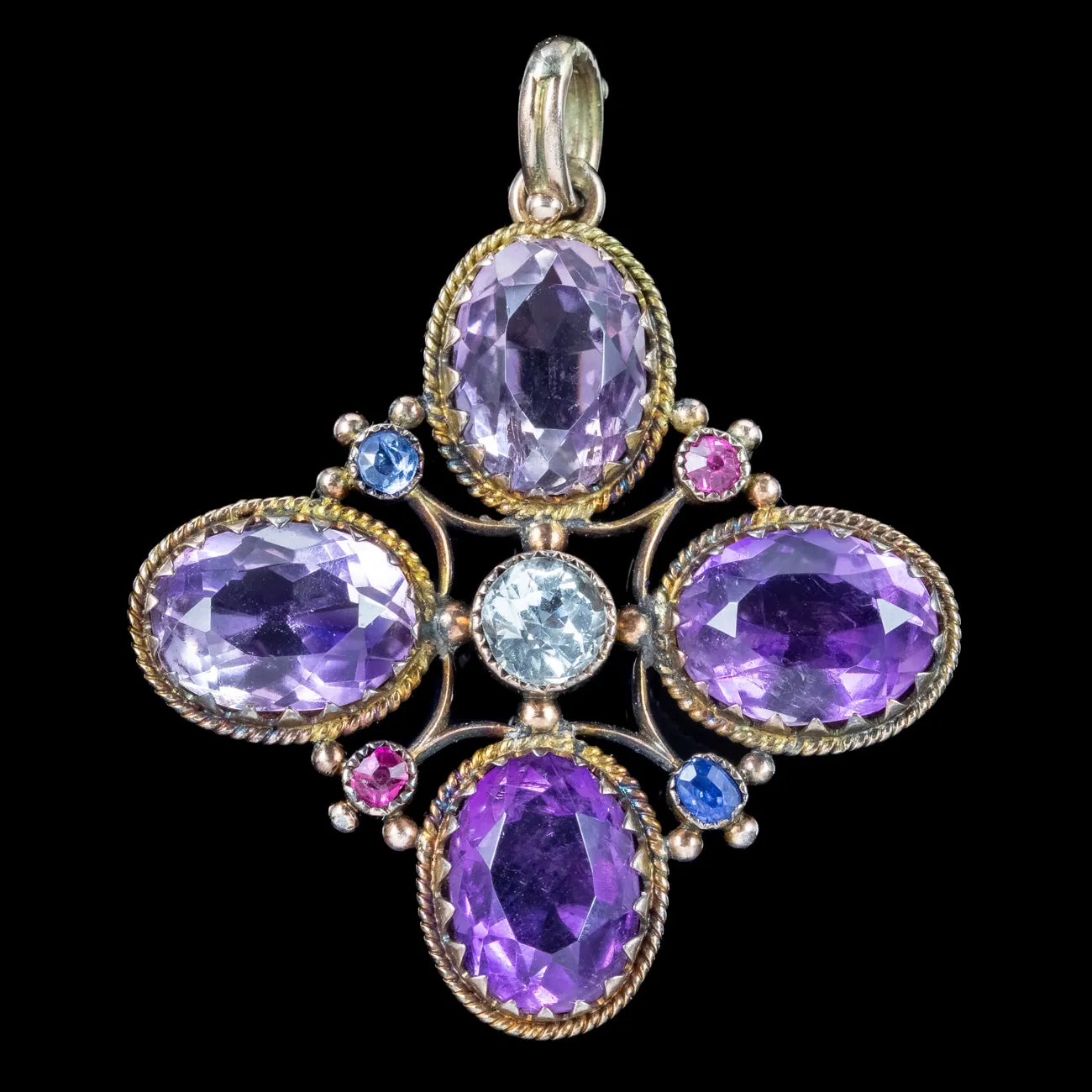 Antique Victorian Amethyst Topaz Aquamarine Pendant 9ct Gold