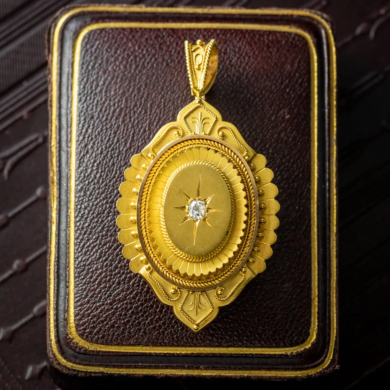 Antique Victorian Diamond Etruscan Revival Locket 18ct Gold With Box