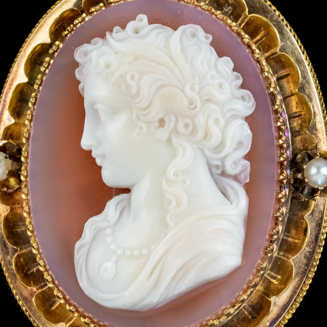 Antique Victorian Hardstone Cameo Pearl Brooch Pendant 18Ct Gold Circa 1860