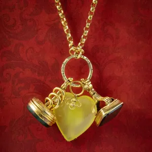 Antique Victorian Intaglio Fob And Heart Charm Necklace 18ct Gold Chain