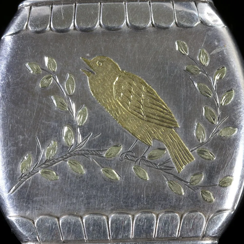 Antique Victorian Large Silver Locket With Gold Bird Dated 1876