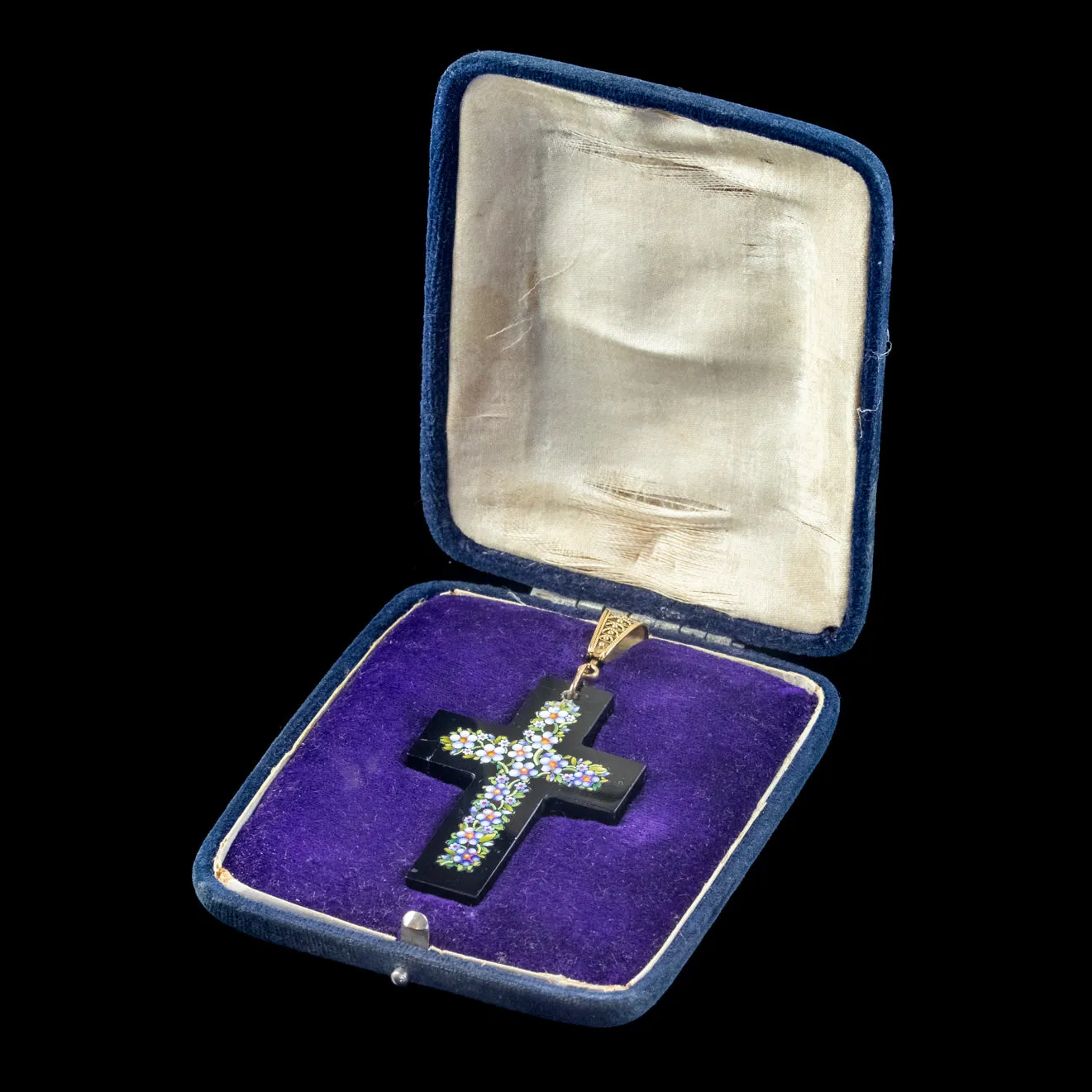 Antique Victorian Micro Mosaic Cross Pendant Forget Me Nots Circa 1860 Boxed