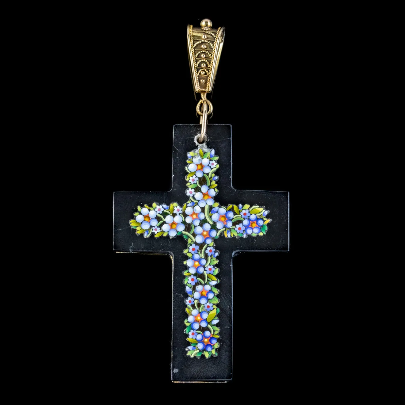 Antique Victorian Micro Mosaic Cross Pendant Forget Me Nots Circa 1860 Boxed