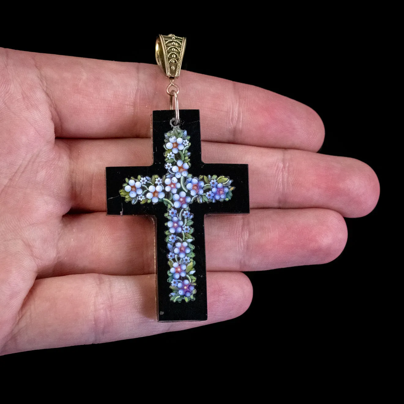 Antique Victorian Micro Mosaic Cross Pendant Forget Me Nots Circa 1860 Boxed