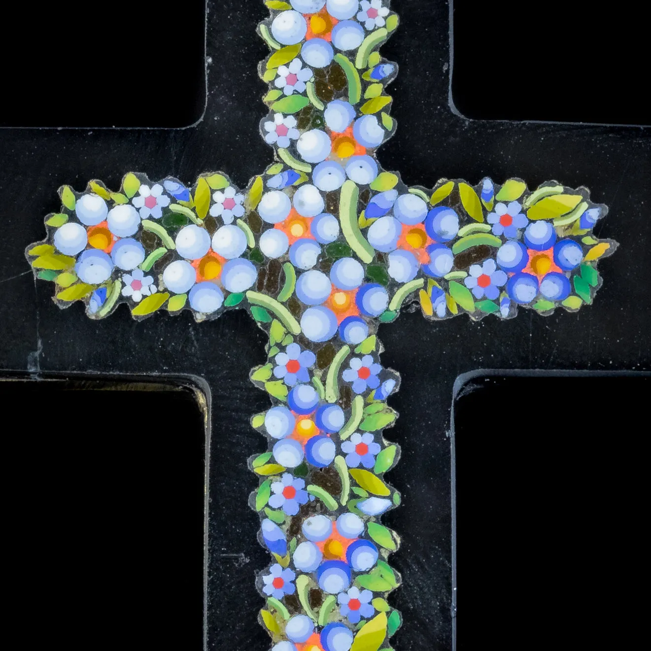 Antique Victorian Micro Mosaic Cross Pendant Forget Me Nots Circa 1860 Boxed