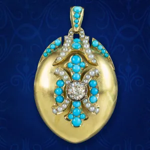 Antique Victorian Turquoise Diamond Pearl Locket 18ct Gold