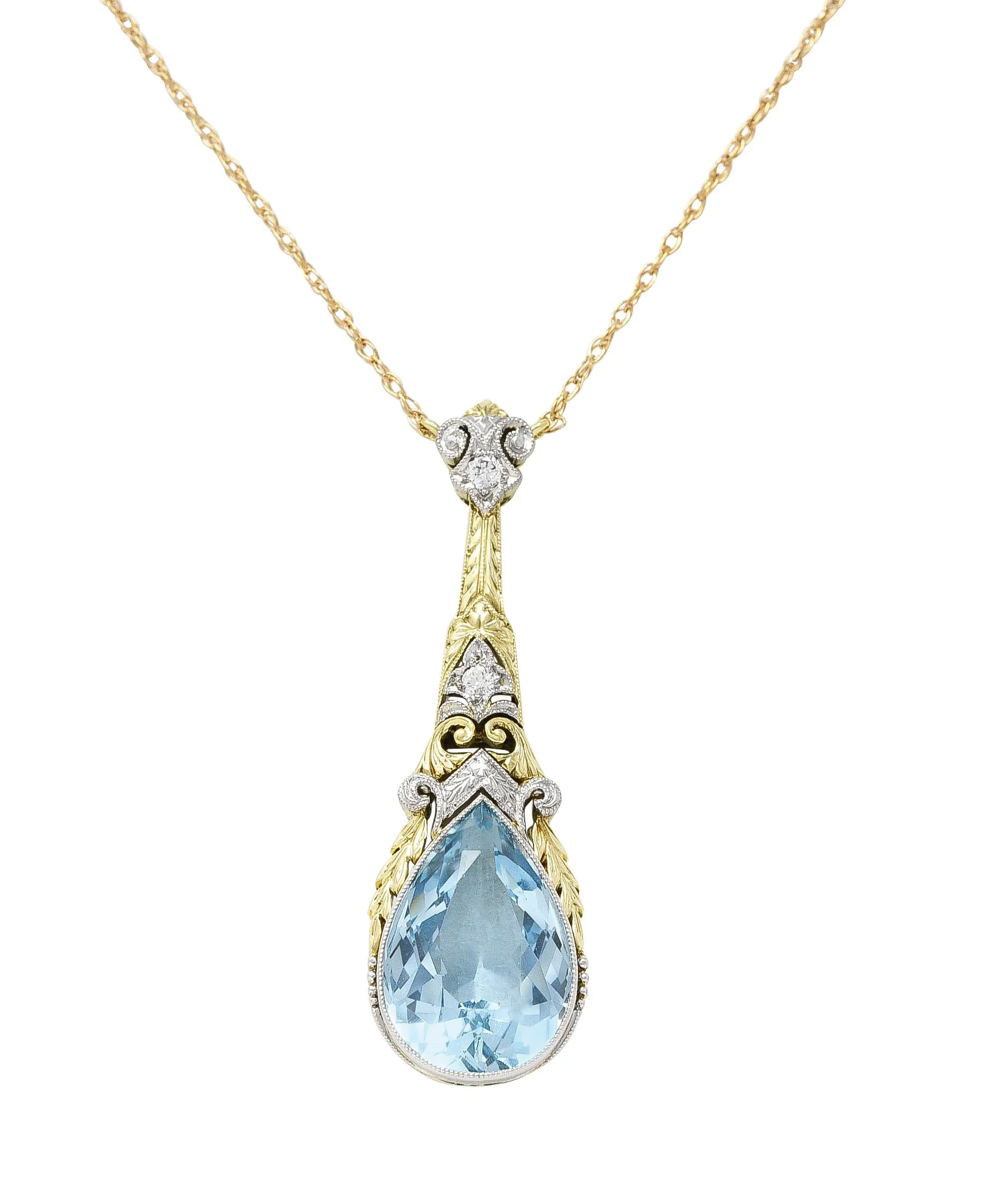 Art Deco Aquamarine Diamond Platinum 14 Karat Yellow Gold Pendant Station Necklace