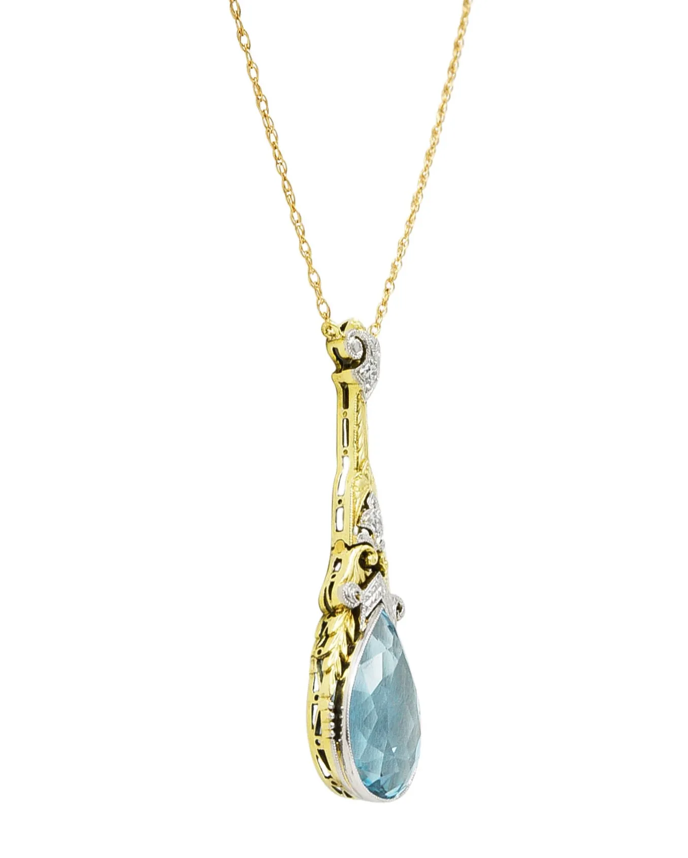 Art Deco Aquamarine Diamond Platinum 14 Karat Yellow Gold Pendant Station Necklace