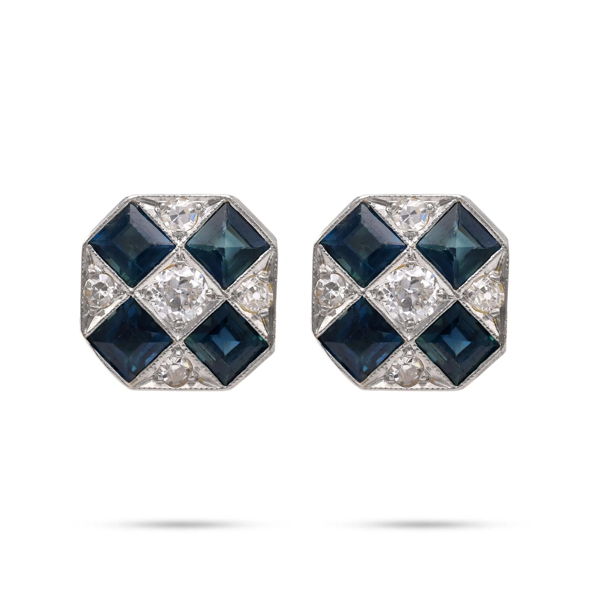 Art Deco Sapphire Diamond Gold Stud Earrings