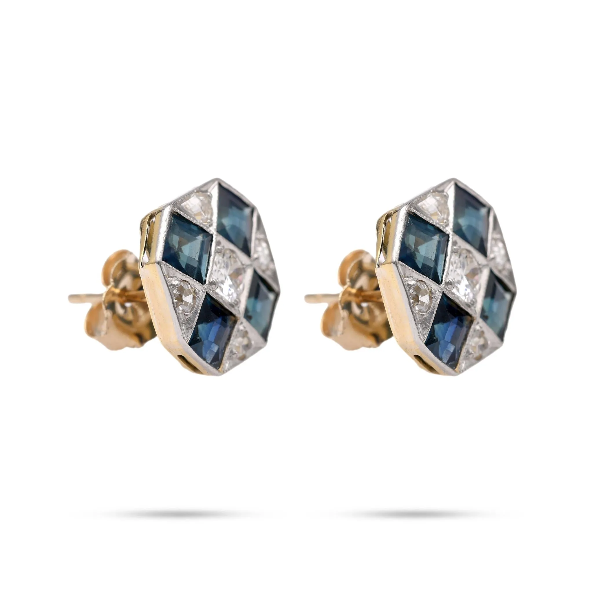 Art Deco Sapphire Diamond Gold Stud Earrings