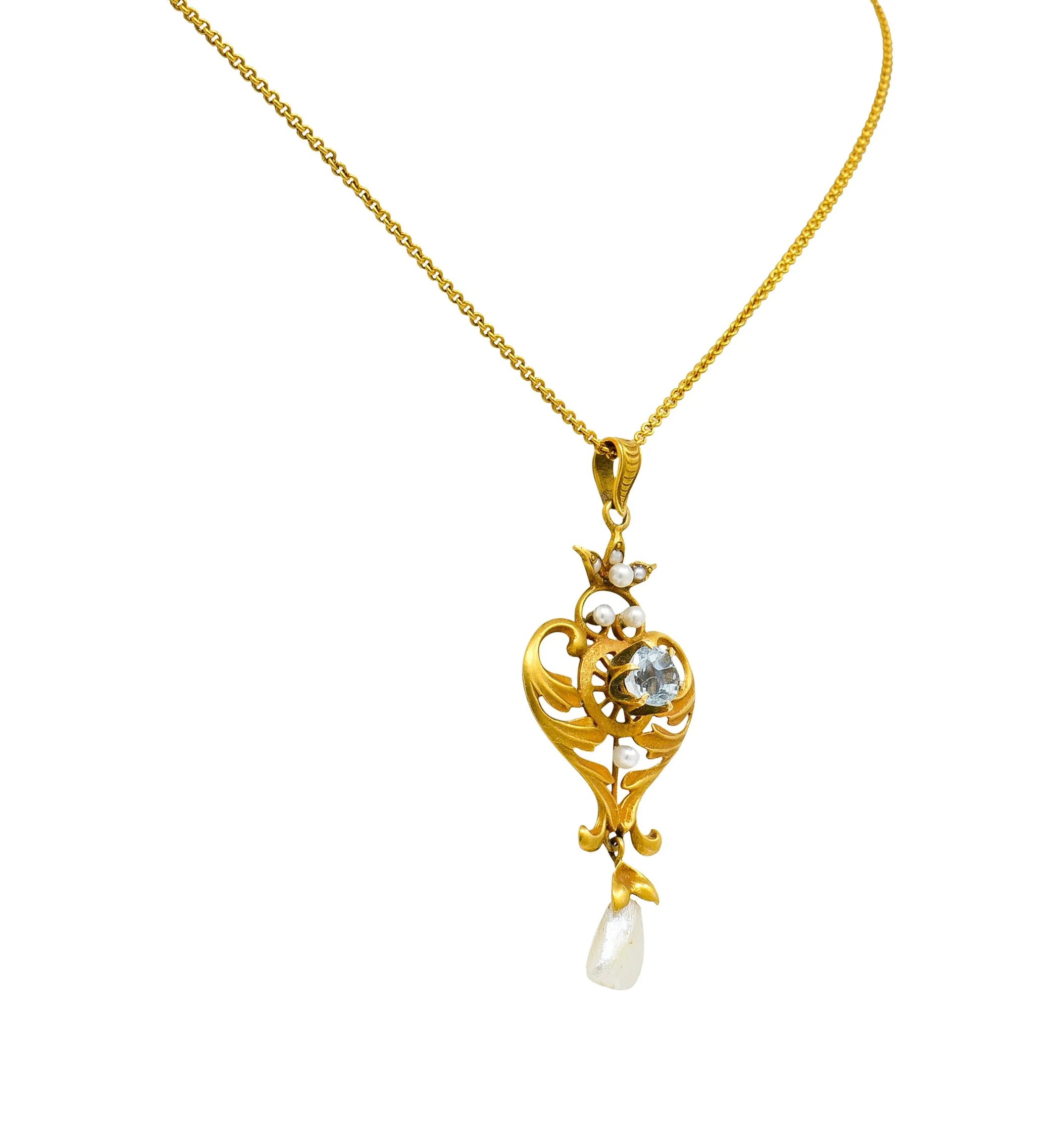 Art Nouveau Aquamarine Pearl 14 Karat Gold Pendant Drop Necklace