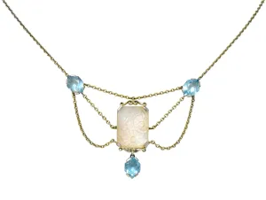 Art Nouveau Rock Crystal Mother of Pearl Aquamarine 18 Karat Gold Swag Necklace