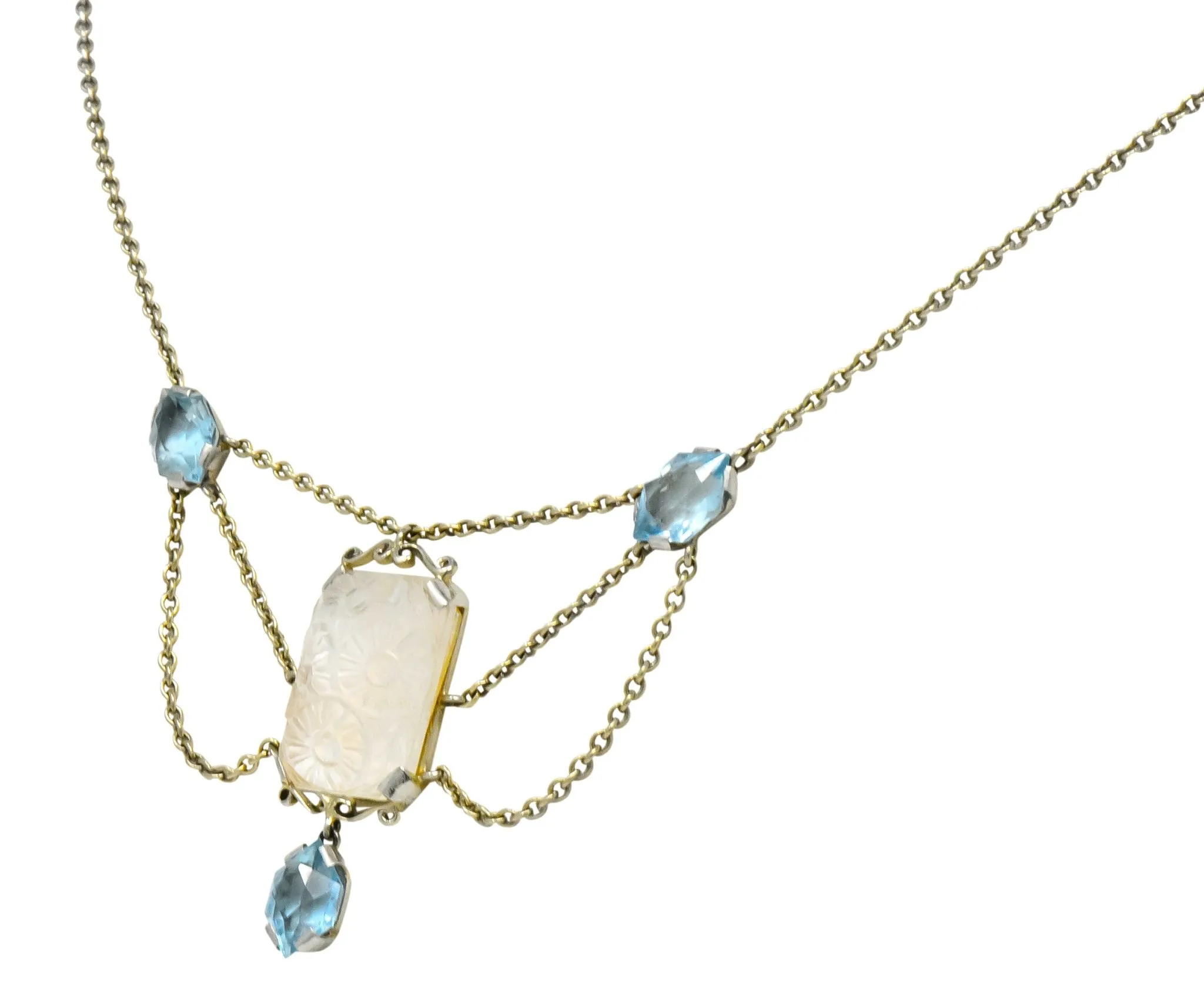 Art Nouveau Rock Crystal Mother of Pearl Aquamarine 18 Karat Gold Swag Necklace