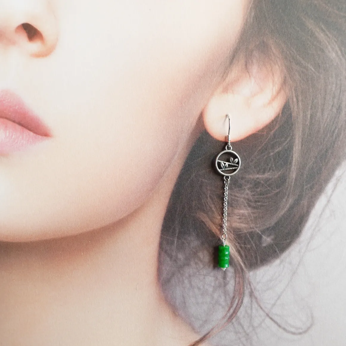 Bamboo Theme Green Jade Earrings