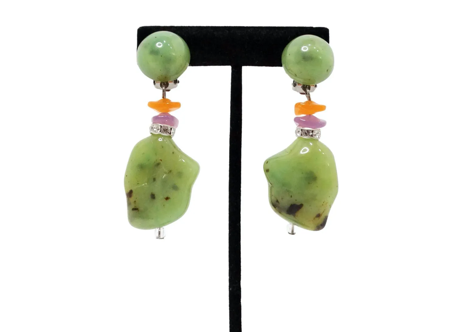 Beaded Colorful Costume Jade Dangle Clip-On Earrings