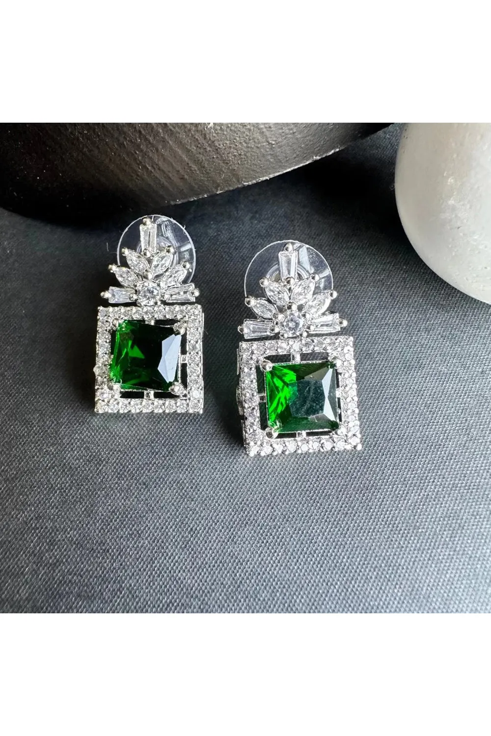 Box Style Emerald Stoned American Diamond Stud Earrings