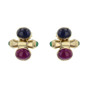 Cabochon Sapphire, Ruby and Emerald Earrings