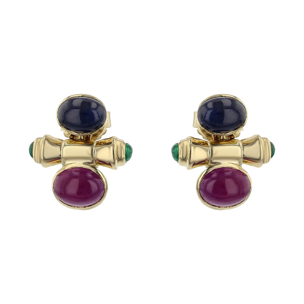 Cabochon Sapphire, Ruby and Emerald Earrings