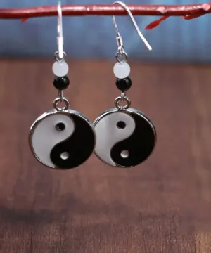 Casual Black And White Sterling Silver Jade Tai Chi Circular Drop Earrings LY8570