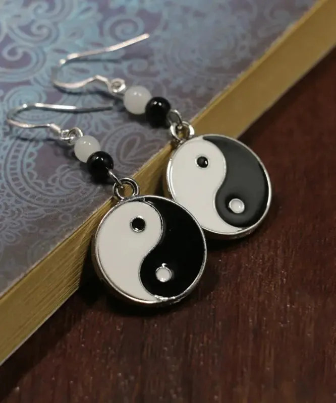 Casual Black And White Sterling Silver Jade Tai Chi Circular Drop Earrings LY8570