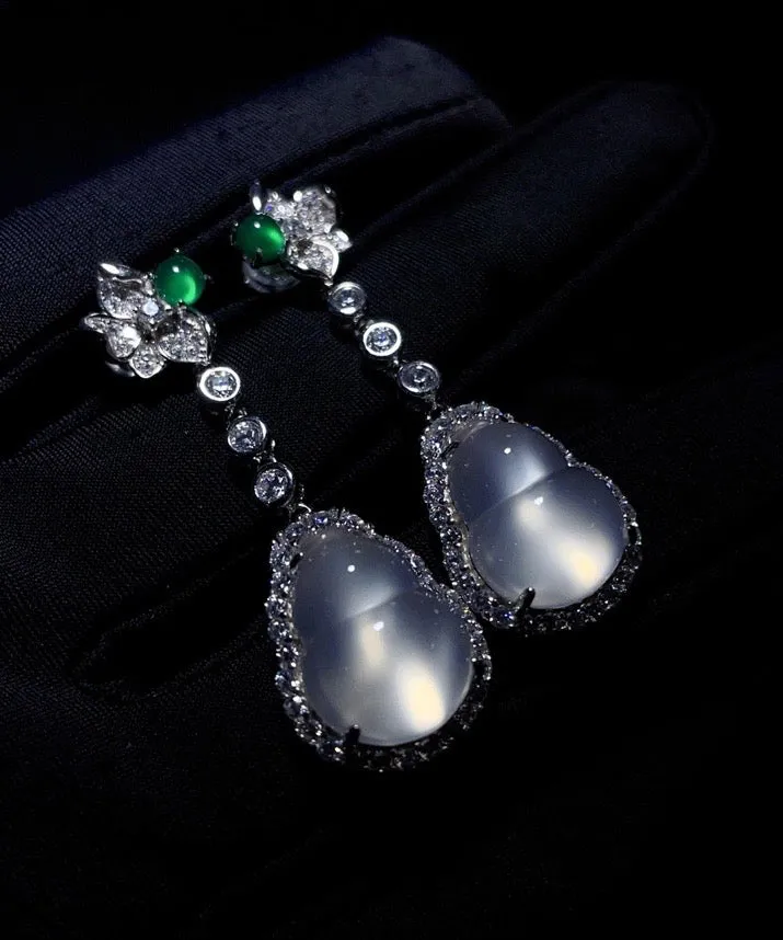 Chic Nude Sterling Silver Inlaid Zircon Jade Gourd Drop Earrings AC1064