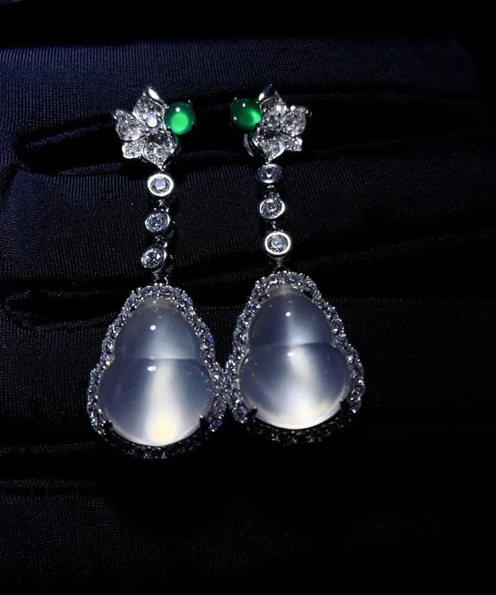 Chic Nude Sterling Silver Inlaid Zircon Jade Gourd Drop Earrings AC1064