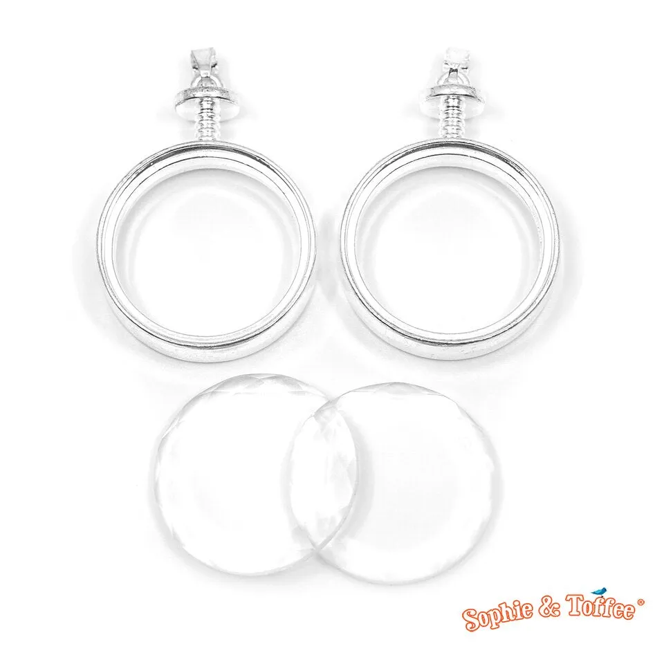 Circle Silver Thick Open Bezel Charm Faceted Glass (2 sets)