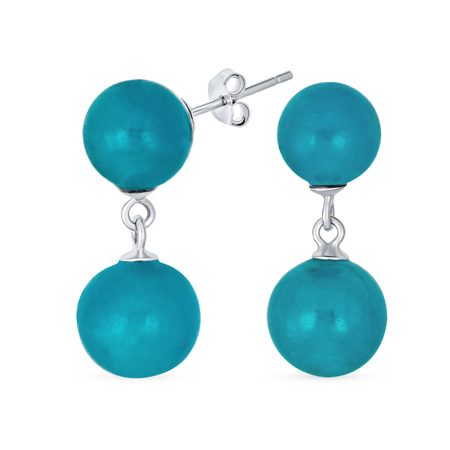 Classic Dangle Gemstone Earrings Aegean Teal Jade Double Round Sterling Silver