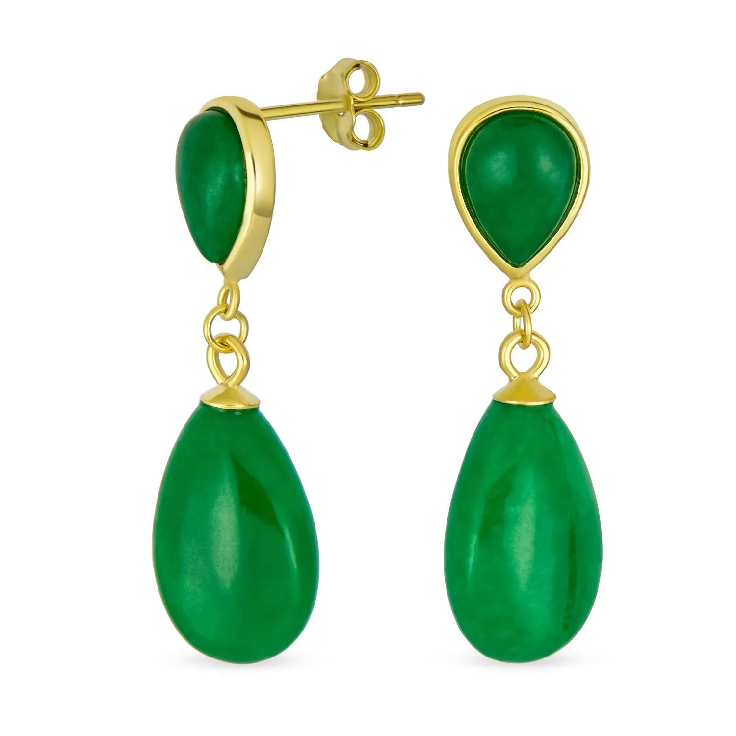 Classic Gemstone Dangle Earrings Black Onyx & Green Jade in 14K Gold Overlay