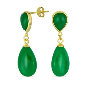 Classic Gemstone Dangle Earrings Black Onyx & Green Jade in 14K Gold Overlay