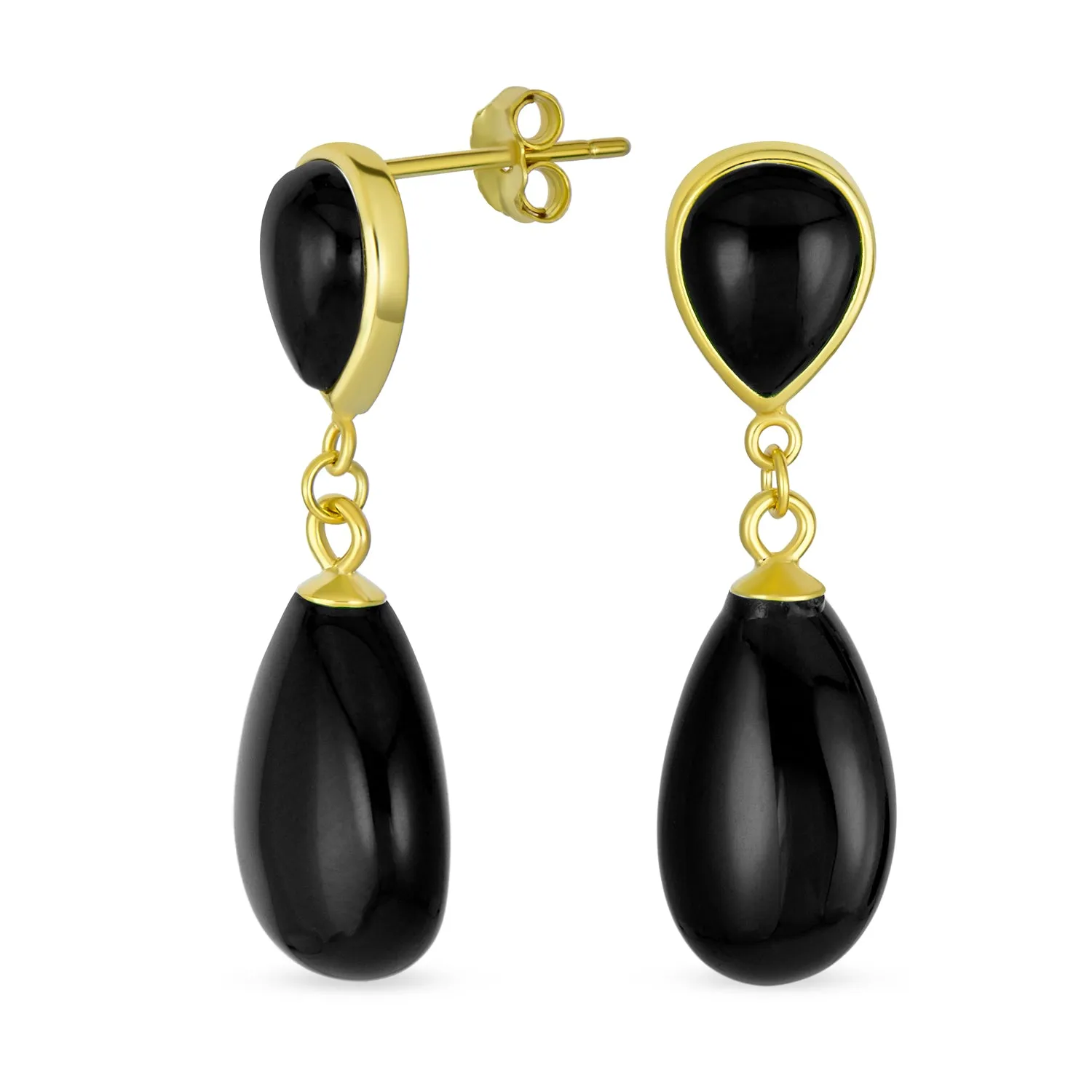 Classic Gemstone Dangle Earrings Black Onyx & Green Jade in 14K Gold Overlay