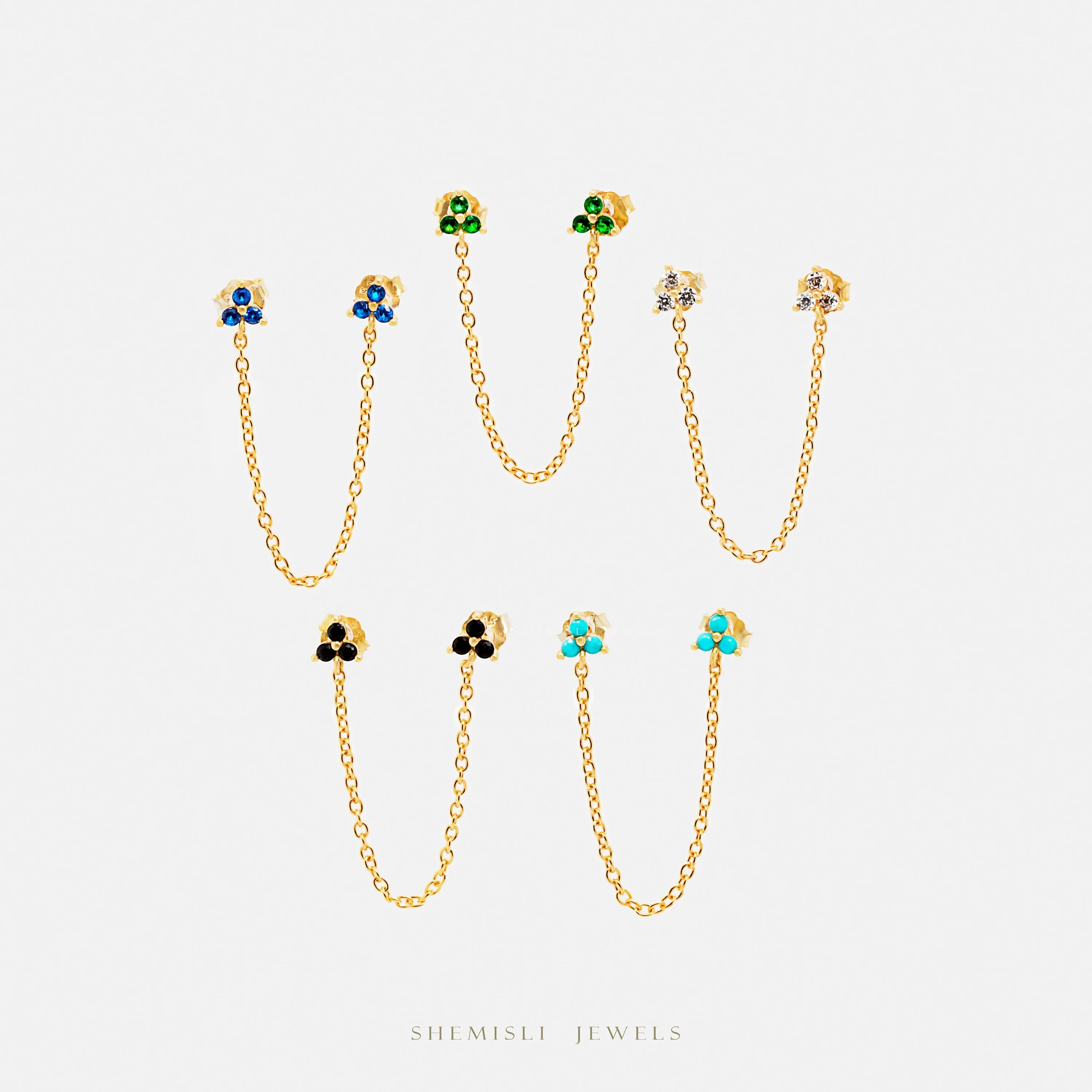 Clover Studs for Two Piercings, White, Emerald, Turquoise, Sapphire, Black, Gold, Silver SHEMISLI SS147, SS317, SS318, SS319, SS320