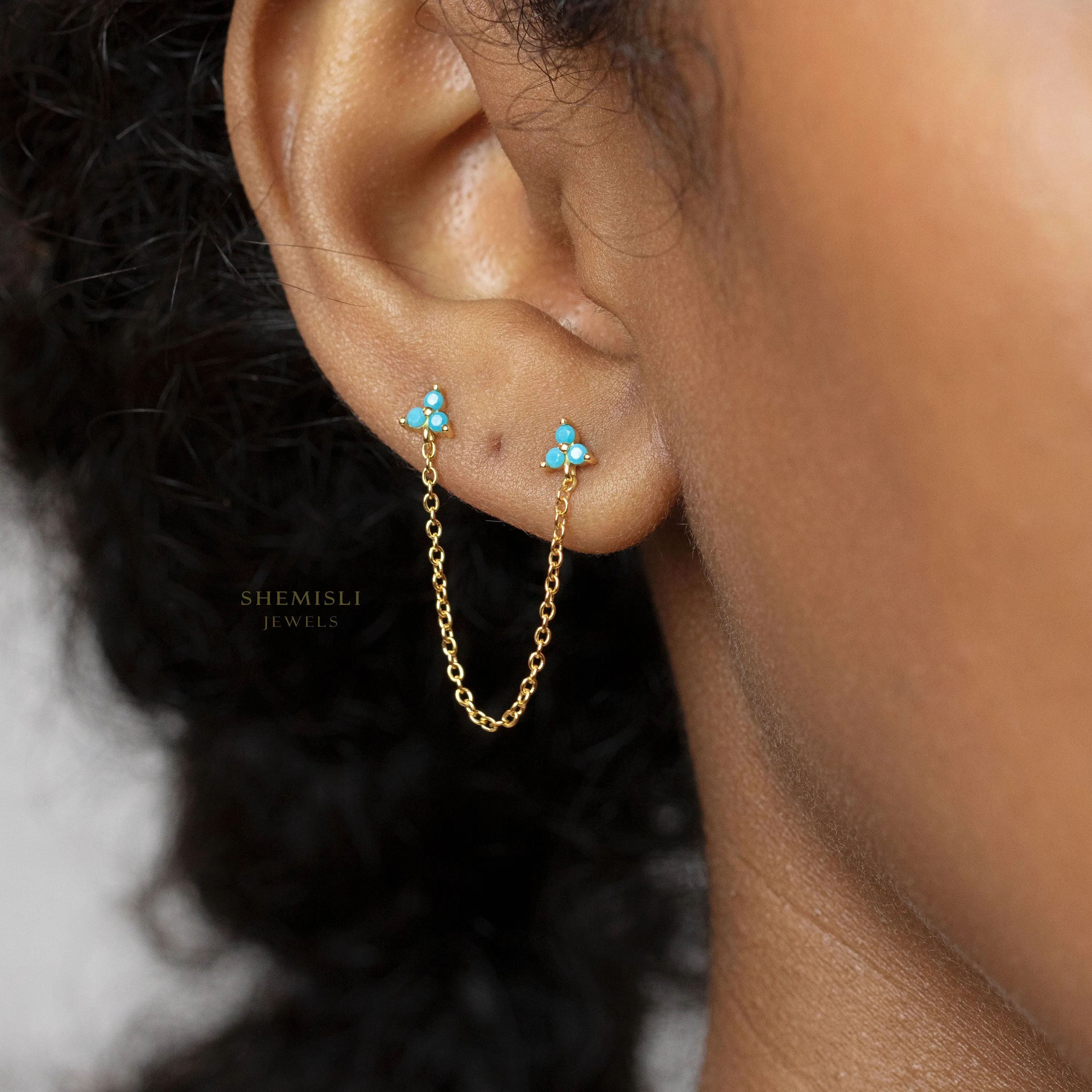 Clover Studs for Two Piercings, White, Emerald, Turquoise, Sapphire, Black, Gold, Silver SHEMISLI SS147, SS317, SS318, SS319, SS320