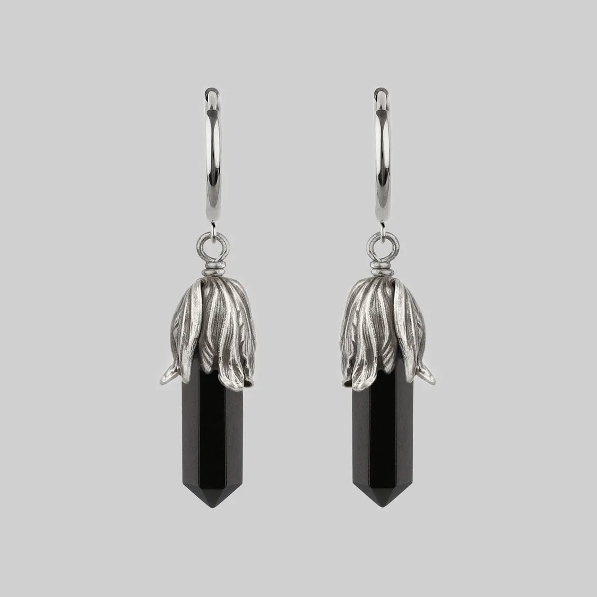 DEATH BLOOM. Black Agate Gemstone Earrings - Silver