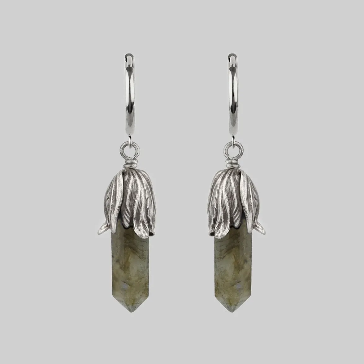 DEATH BLOOM. Labradorite Gemstone Hoop Earrings - Silver