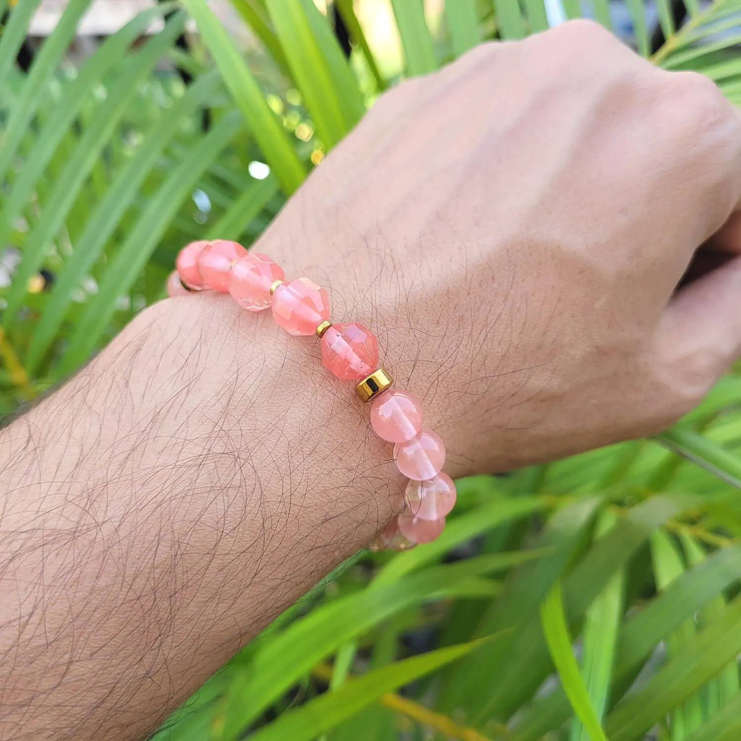 Diamond Cut Strawberry Quartz With Golden Hematite Natural Stone Bracelet