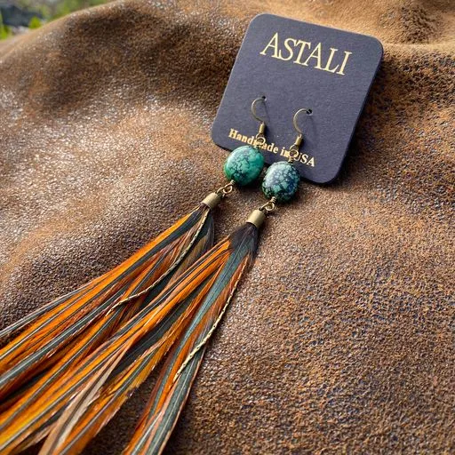 Earrings, Long Feathers with Turquoise Stones & Hooks - SALE!