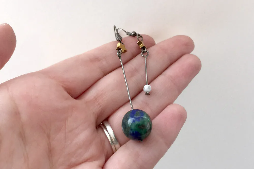 Earth & Moon Earrings | Gemstone Space Planet Earrings | Unique Science Charm Earrings