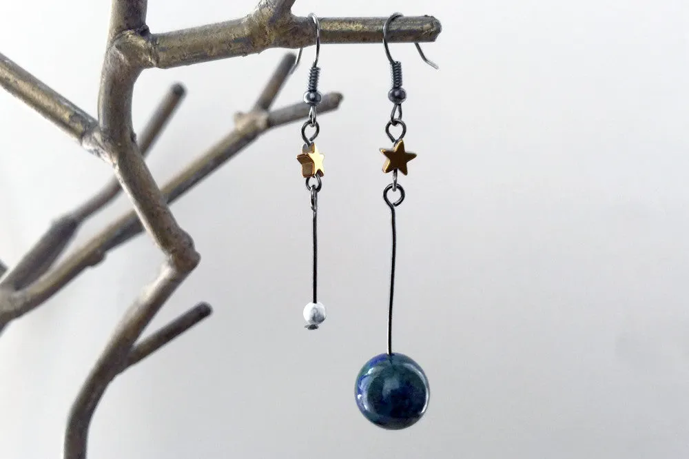 Earth & Moon Earrings | Gemstone Space Planet Earrings | Unique Science Charm Earrings