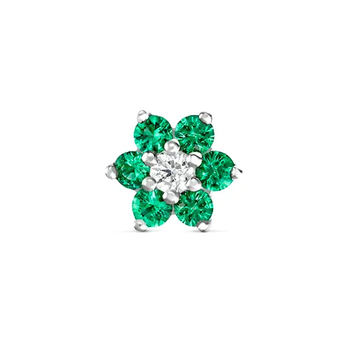 Emerald and Diamond Flower Threaded Stud Earring by Maria Tash in 18K White Gold.