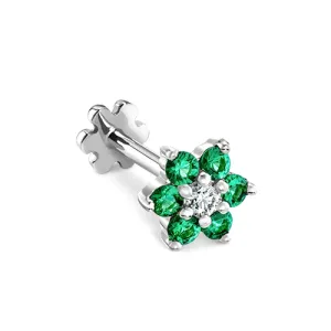 Emerald and Diamond Flower Threaded Stud Earring by Maria Tash in 18K White Gold.