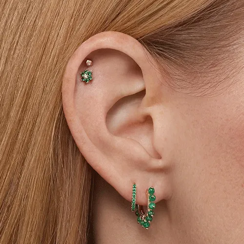 Emerald and Diamond Flower Threaded Stud Earring by Maria Tash in 18K White Gold.