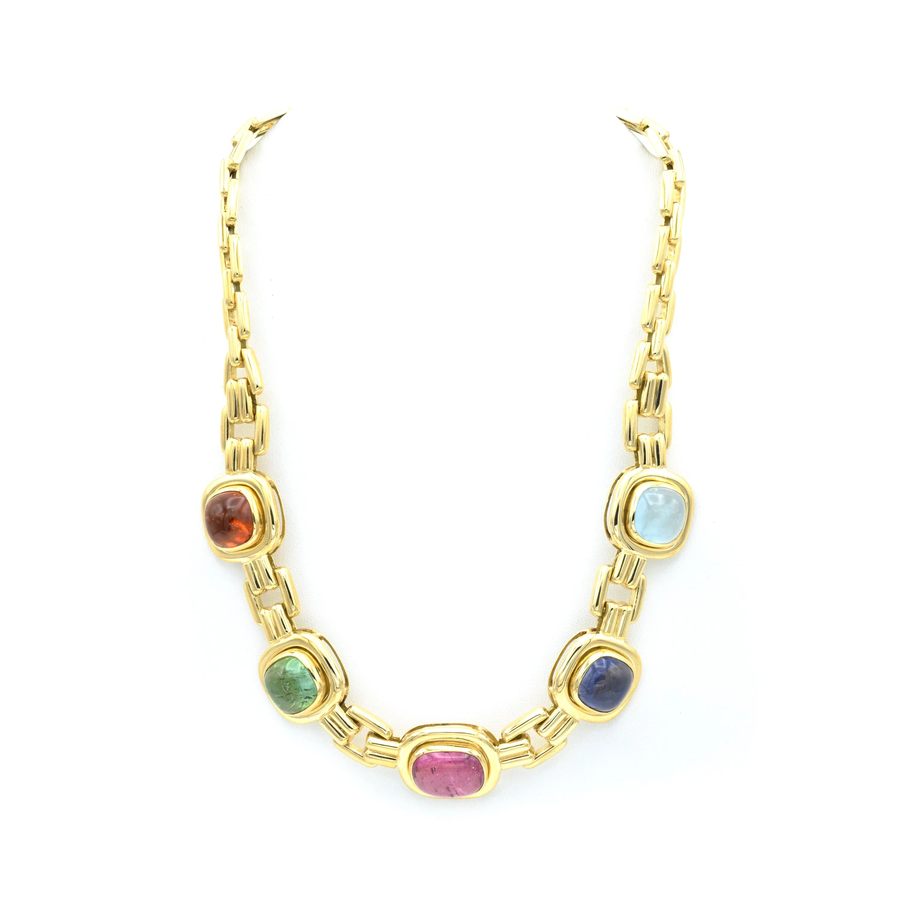 Estate 18KT Yellow Gold Cabochon, Aquamarine, Sapphire And Tourmaline Necklace