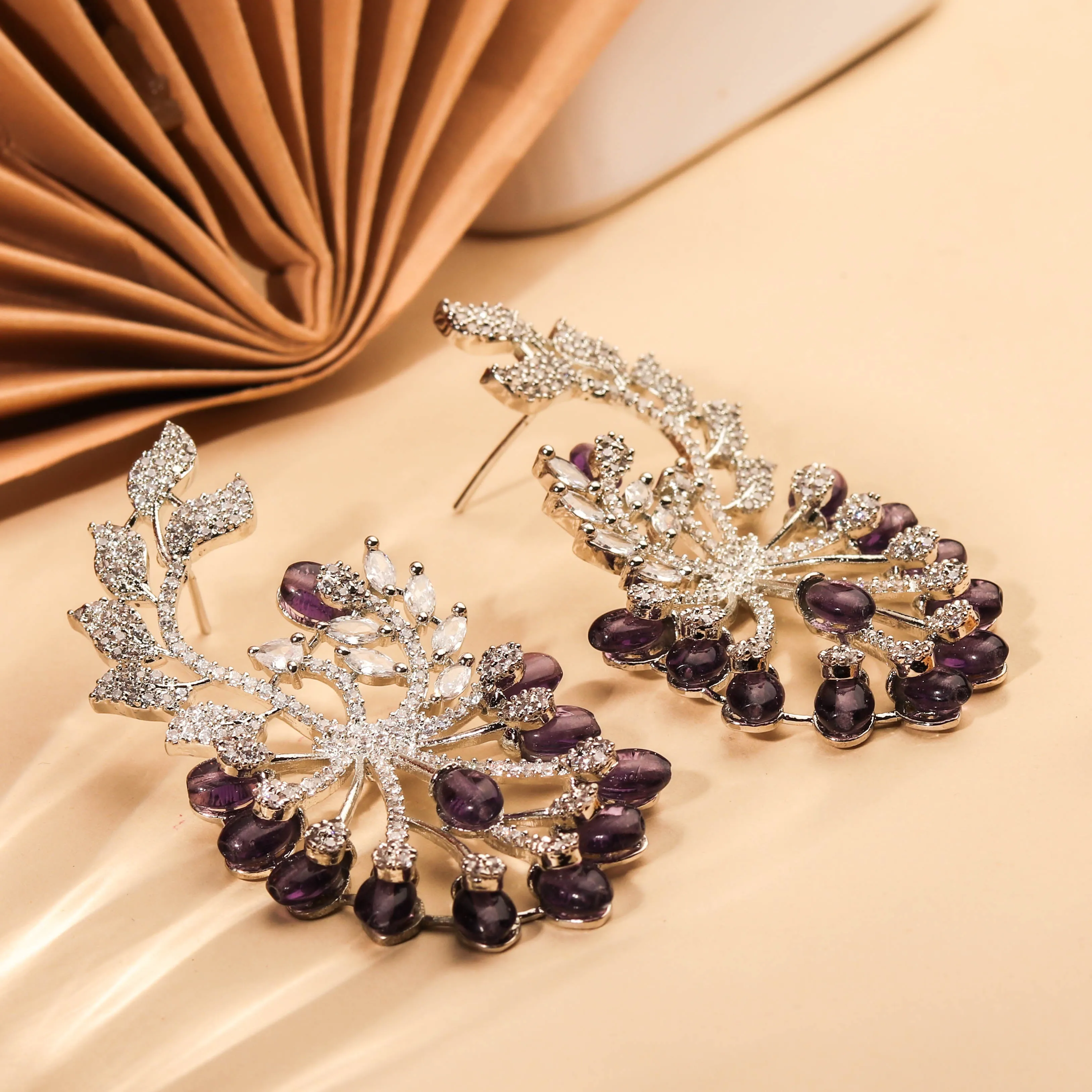 Extravagant Rhodium Plated White CZ Earring With Studded Violet Beads Earring For Women